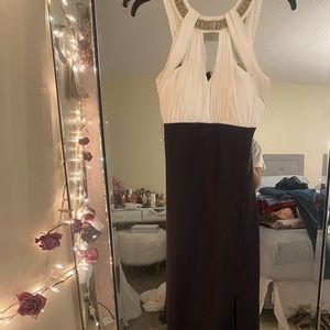 Slit gown black and white prom dress